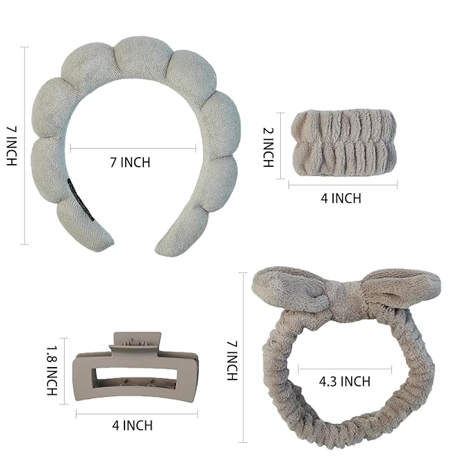 7 Pcs Spa Set, Facial Headband, Spa Headband and Wristband Set, Skincare Headband, College Style Girl Gift, Hair Accessories for Women and Girls（Light Coffee ）