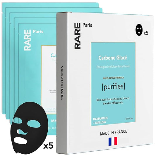 Carbone Glacé - Purifying Carbon Black Facial Sheet Mask - Cleanses & Tightens - With Hamamelis & Mallow - Purifying, Firming & Revitalizing - Multi-Active Serum Formula - 5 Pack