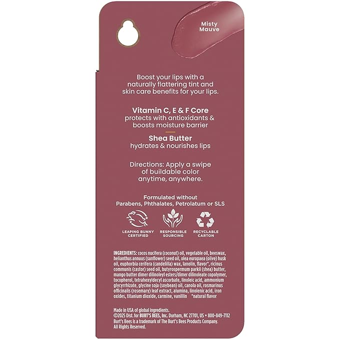 Burt’s Bees Tinted Boosted Balm, Misty Mauve, Hydrating Tinted Lip Balm with Vitamin C, E, and F Core, 24 Hour Lip Moisturizer with Responsibly Sourced Beeswax, 100% Natural Origin, 1 Count, 0.16oz