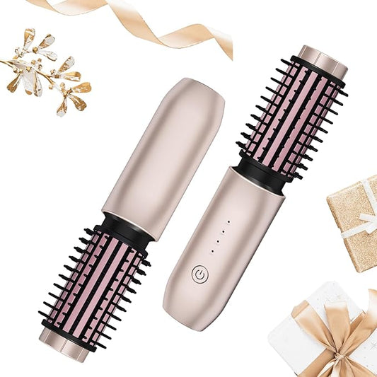 Cordless Hair Curling Iron Brush, Travel Curl Brush, 3-in-1 Portable Curling Iron Cordless, Plasma Thermal Hair Brush, 7000mAh USB Rechargeable Curling Wand, Mini Hot Curlings Brush-Blush Pink