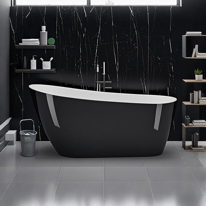 67 Inch Acrylic Freestanding Bathtubs – Stylish Black and White Free Standing Tub, Stand Alone Bathtub with Smooth Lines for Contemporary Bathroom or Remodel Projects
