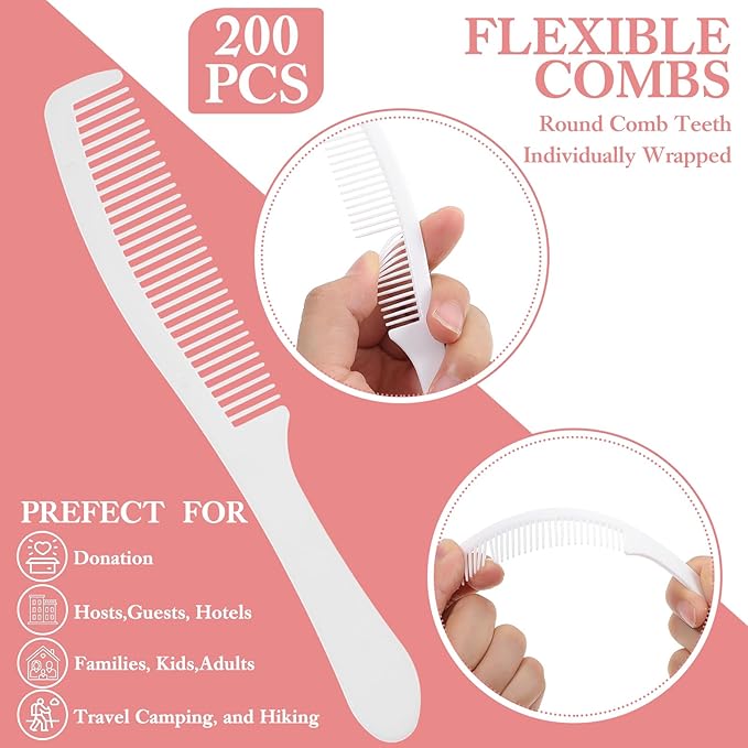 200Packs Individually Wrapped Bulk Combs, Disposable Combs in Bulk Plastic Mini Travel Combs with Long Handle for Homeless, Hotel, Shelter, Nursing Home, Charity (White, 6.3 x 0.94'')