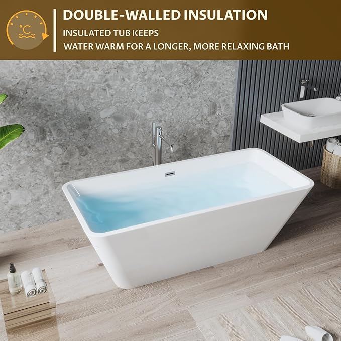 59 Inch Acrylic Freestanding Soaking Tub - Ergonomic Contoured Design with Overflow & Drain Kit, Lightweight Bath for Easy Placement, Glossy White (Fits Corner or Center)