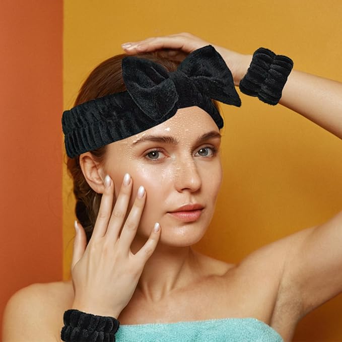 7 Pcs Spa Set, Facial Headband, Spa Headband and Wristband Set, Skincare Headband, College Style Girl Gift, Hair Accessories for Women and Girls (Black)