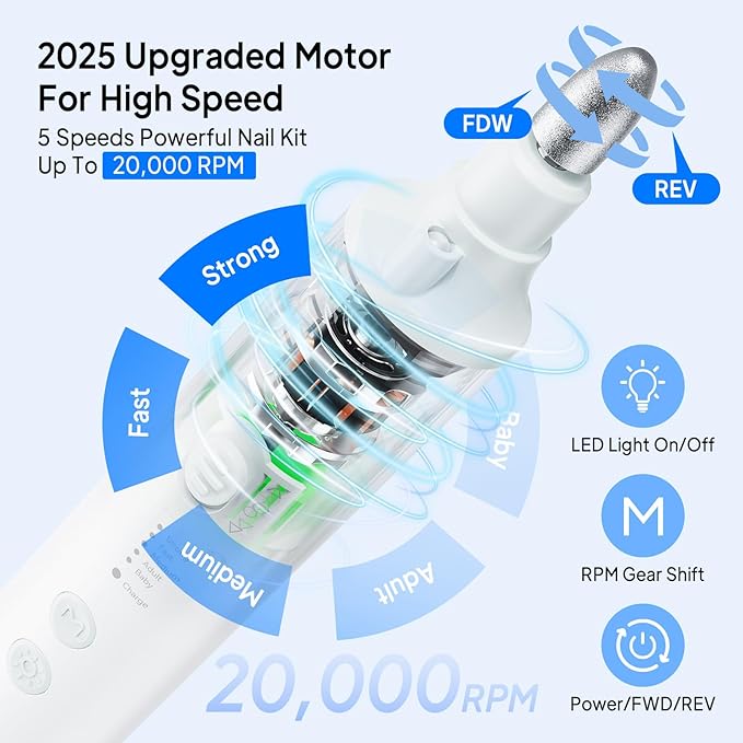 Cordless Nail Drill Electric Nail File: Professional Manicure Pedicure Kit for Acrylic Gel Nails Grind Trim Polish, 5-Speed Brushless Electric Foot Callus Remover ,Nail Tool for Women & Men