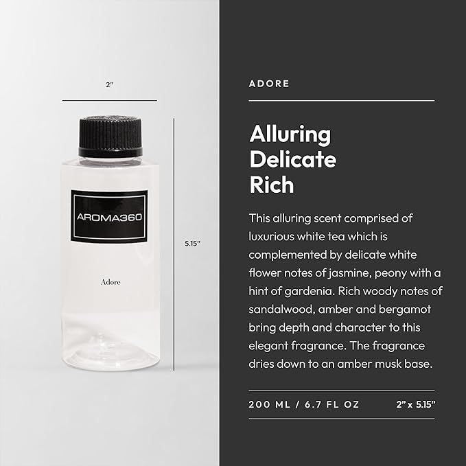 Aroma360 - Adore Oil Blend - Luxury Hotel Inspired Essential Oil Diffuser - Aromatherapy Scent Diffuser Oil - White Tea, Jasmine and Peony 6.7 fl oz, 200 mL