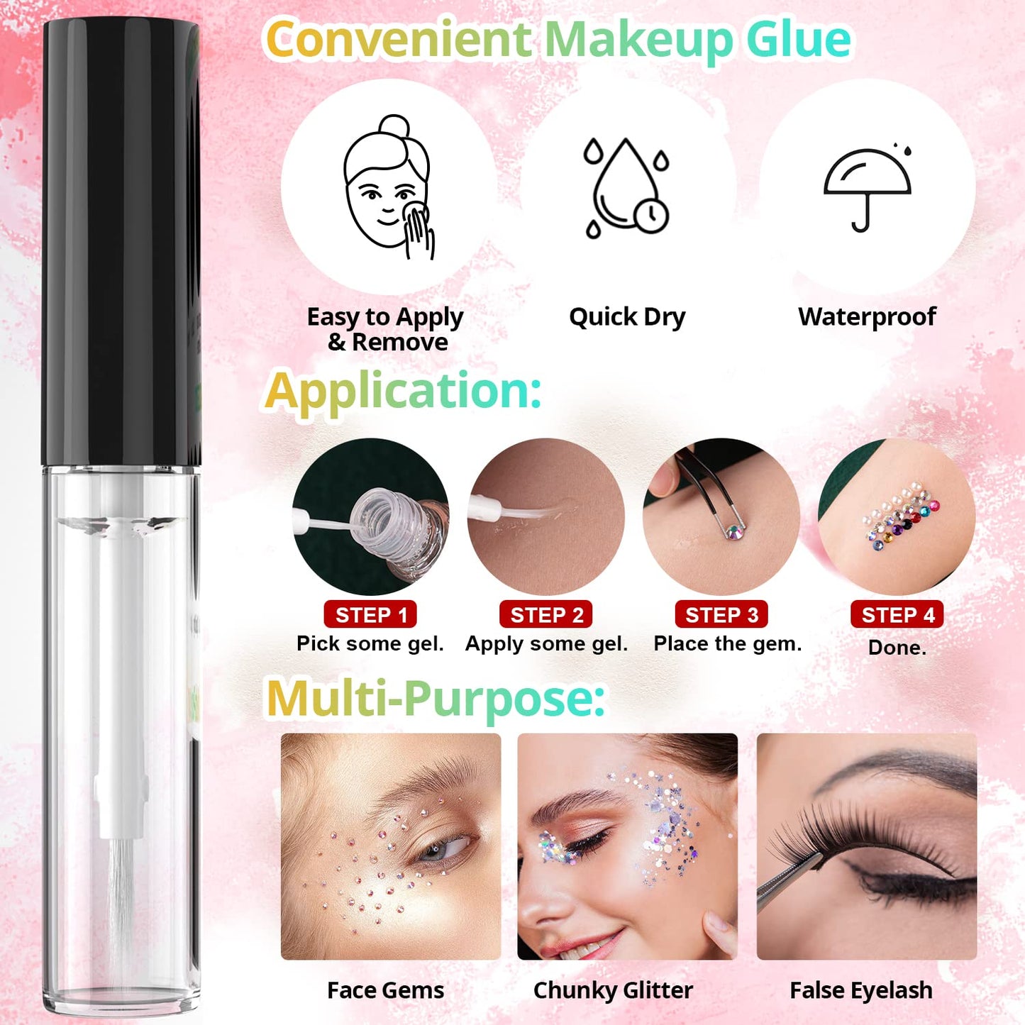 Colorful Flatback Face Gems and Beige AB Pearls for Makeup with Quick Dry Glue, Half Round Pearls Nail Art Rhinestones Glass Crystal Beads for Make-up Deco with Pickup Pencil + Tweezer