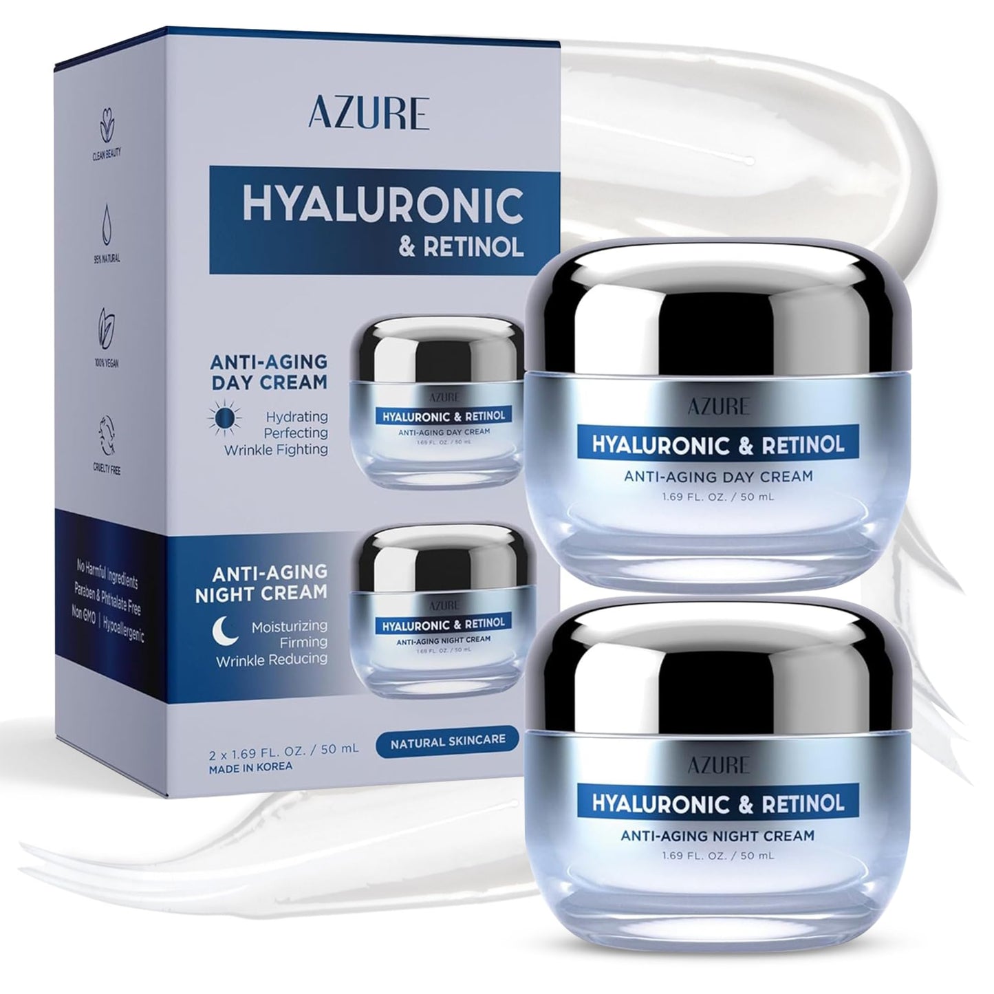 Azure Cosmetics Hyaluronic Acid Moisturizer Face Cream - Dermatologist Tested, Anti-Aging Retinol Cream for Dark Spots, Fine Lines & Wrinkles - Clean Beauty, Korean Skincare - Day & Night Duo Set