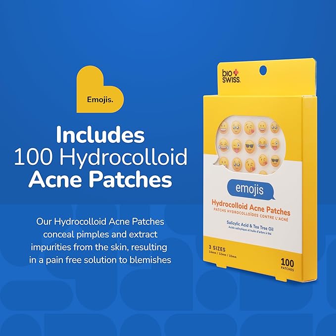 BioSwiss Pimple Patches, Emojis Patch for Zits and Blemishes, Hydrocolloid Spot Stickers for Face and Skin, 100 Count