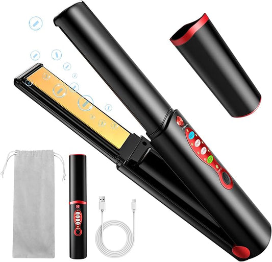 Cordless Titanium Hair Straightener and Curler, Mini Portable USB Rechargeable Fast Heat Up Flat Iron with 5V/5000mAh Battery, Anti-Scald 3-Level for Swift, Smooth and Glossy Hair, Travel Size (Black)