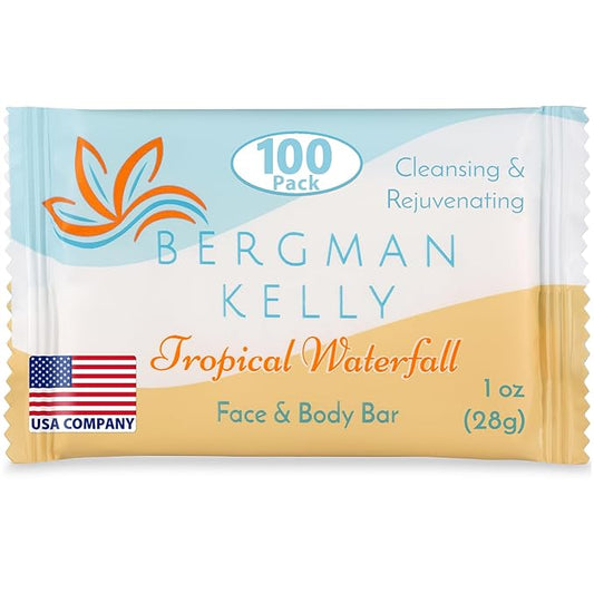 BERGMAN KELLY - Hotel Soap Bars - Tropical Waterfall, 1 oz, 100 PK - Travel Size Luxury Bulk Amenities Bar Soap - Mini Individually Wrapped Rectangular Soap, Small Toiletries for Airbnb & Motel