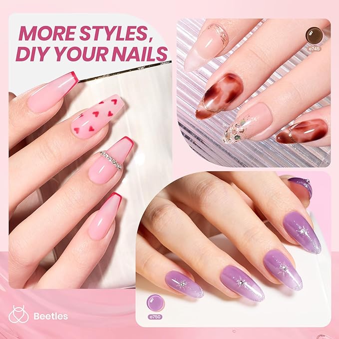 Beetles Jelly Gel Nail Polish Set, 53PCS 36 Colors Jelly Pink Milky White Red Black Blue Green Silver Cat Eye Base Glitter Glossy Matte Top Coat Crystal Ice Collection French Nails Gift for Women