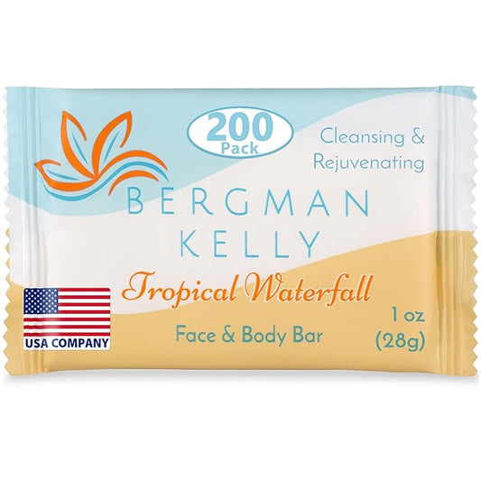 BERGMAN KELLY - Hotel Soap Bars - Tropical Waterfall, 1 oz, 200 PK - Travel Size Luxury Bulk Amenities Bar Soap - Mini Individually Wrapped Rectangular Soap, Small Toiletries for Airbnb & Motel