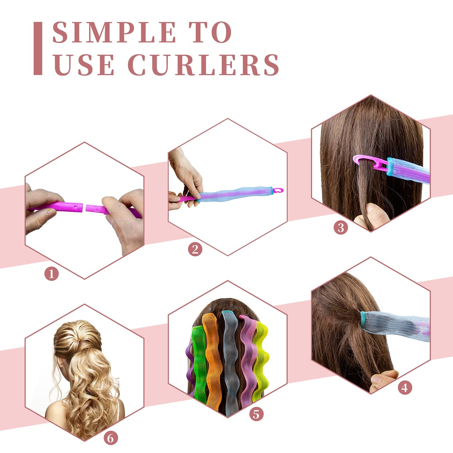 30pcs Heatless Hair Curlers Rollers Wave Curls Styling Kit with 2 Sets Styling Hooks,No Heat Hair Curlers Spiral Curlers for Long Hair 21.8”(55 cm)…