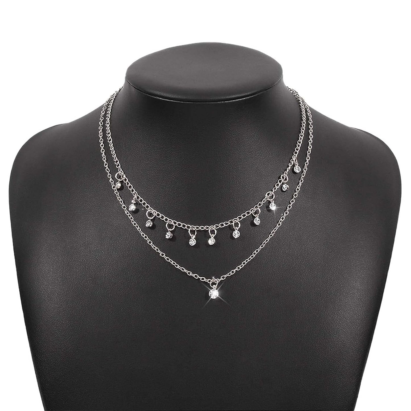 Boho Layered Silver Choker Necklace Crystal Pendant Necklace Rhinestone Tassel Choker Necklace Sparkly CZ Dangle Necklace Chain Jewelry for Women and Girls (Silver)
