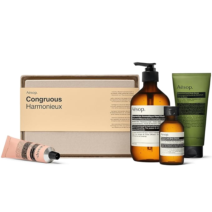 Aesop Congruous Gift Set | Resurrection Aromatique Hand Wash & Balm, Geranium Leaf Body Scrub & Cleanser | Vegan, Cruelty-Free, Paraben-Free | 4 Pc Luxury Self-Care Kit