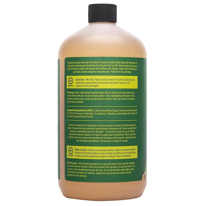 Desert Essence Castile Liquid Soap With Eco-Harvest Tea Tree Oil - 32 Fl Oz - Face & Body Cleansing - Coconut & Olive Oil - May Diminish Imperfections & Help Reduce Oil