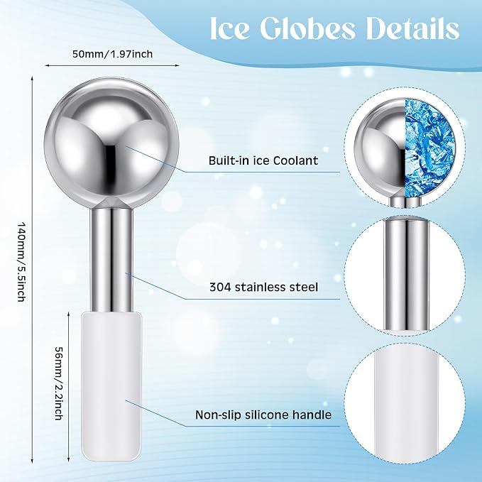 Baderke 2 Pcs Ice Globes for Face Stainless Steel Cooling Globes Unbreakable Cooling Roller Women Ice Balls Cryo Sticks Face Skin Care for Dark Circles, Puffiness(Silver (white Handle))