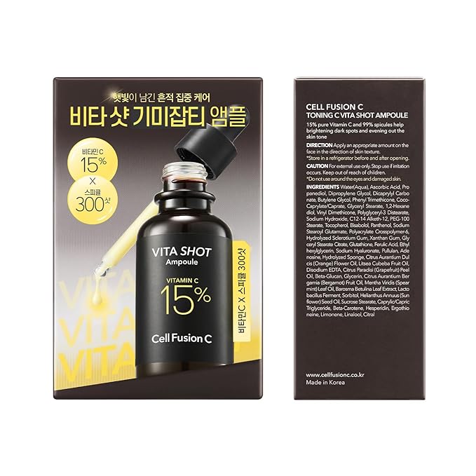 Cell Fusion C Toning C Vita Shot Ampoule, 15% Vitamin C + Spicule 300 Shot, Skin Booster Serum for Face, Exfoliation & Dark Spots, 20g / 0.7 oz.