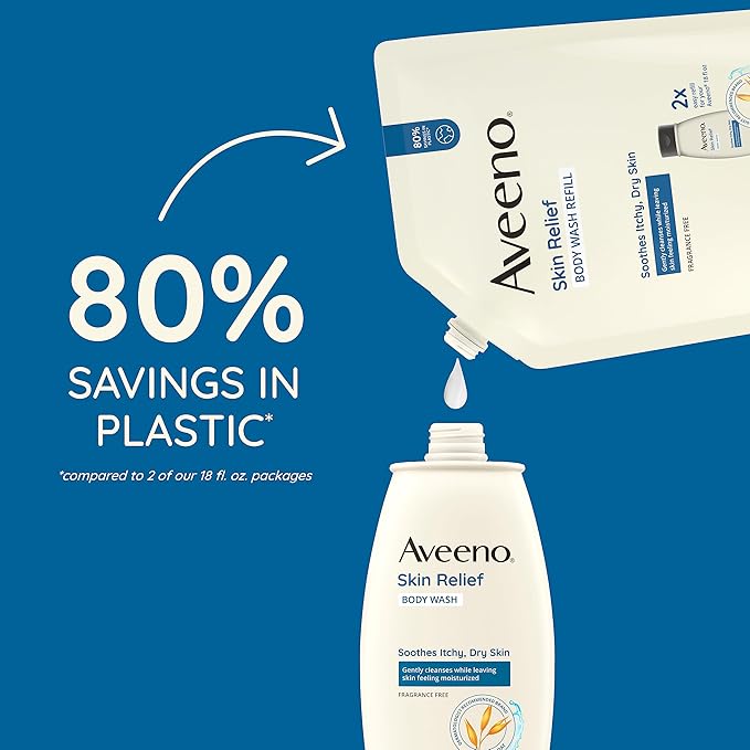 Aveeno Skin Relief Fragrance-Free Body Wash Refill with Oat to Soothe Itchy, Dry Skin, Gentle, Formulated without Soaps, Dyes, Parabens, Phthalates & Alcohol, for Sensitive Skin, 36 fl. oz (Pack of 2)