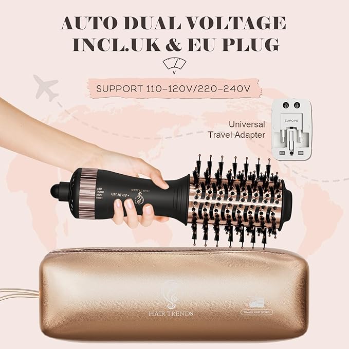 110-240V Travel Brush Hair Dryer, Small Hair Straightener Brush with European Plug Adapter for International Travel, 4 in 1 Hot Air Styler & Dryer for Drying Straightening Curling Volumizing