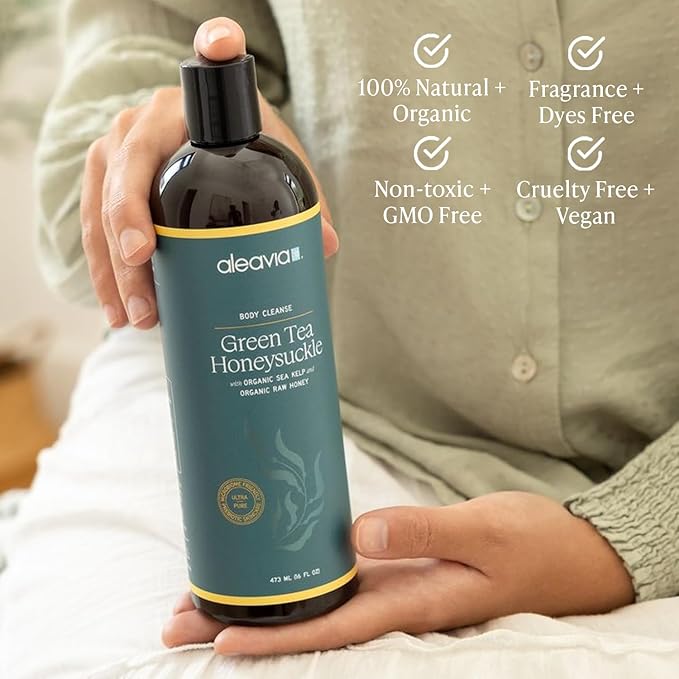 Aleavia Body Cleanse – Organic & All-Natural Prebiotic Body Wash with Raw Honey – Green Tea Honeysuckle Scent – 16 Oz.