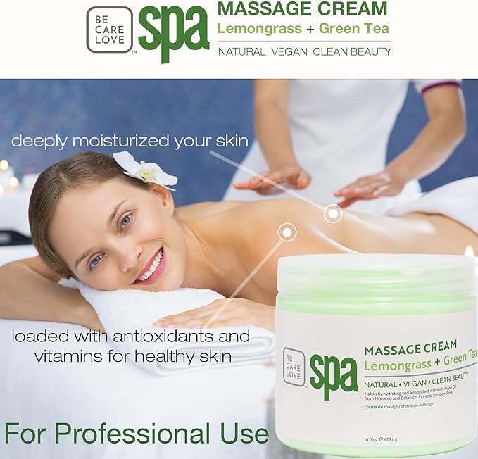 BCL SPA Massage Cream organic Lemongrass + Green Tea body lotion with shea butter, aloe vera, peppermint, argan and jojoba oils body cream to soothe, calm & revitalize the skin. Home/Pro use 16 fl oz