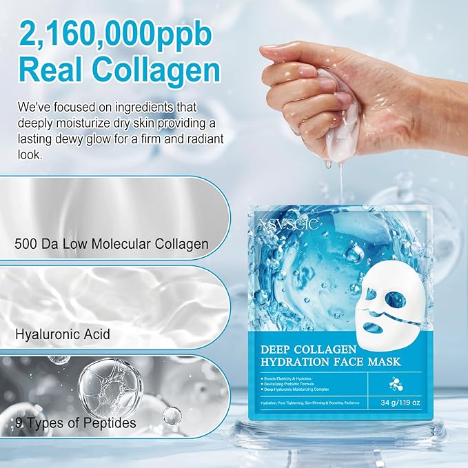 Collagen Real Deep Mask, Collagen Face Mask, Collagen Mask for Women with Hyaluronic Acid, Hydrating Face Masks Skincare, Firming Anti Wrinkle Aging Lifting Mask, Enhance Skin Vitality Deep Repair
