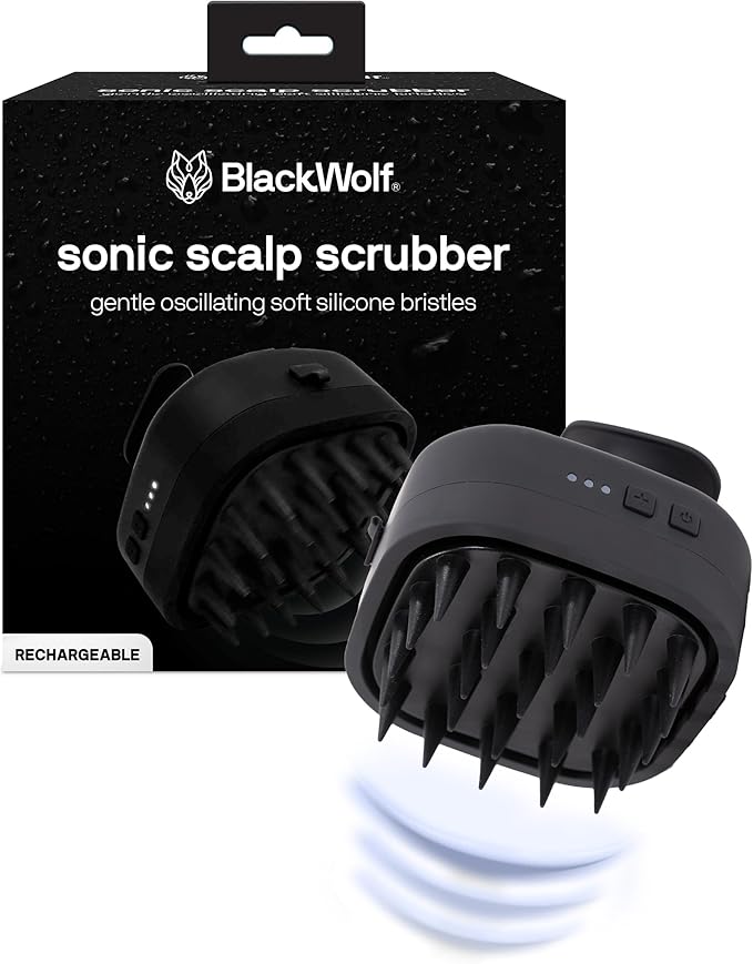 Black Wolf Sonic Scalp Scrubber - Electric Hair & Scalp Massager Brush with 3-Speed Oscillation - Rechargeable Shower Brush & Head Scrubber with Soft Silicone Bristles for Deep Clean & Exfoliation