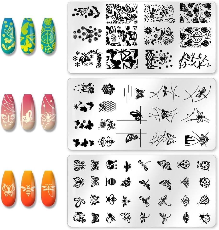 3Pcs Butterfly Dragonfly Nail Stamping Plate Bees Moth Nail Stamping Templates French Tip Art Stamp Plates Stainless Steel DIY Reusable Tools for Manicure Printing