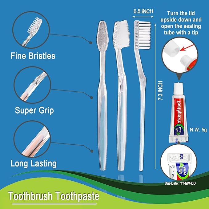 60 Pack Disposable Toothbrushes with Toothpaste Individually Wrapped (2colors)