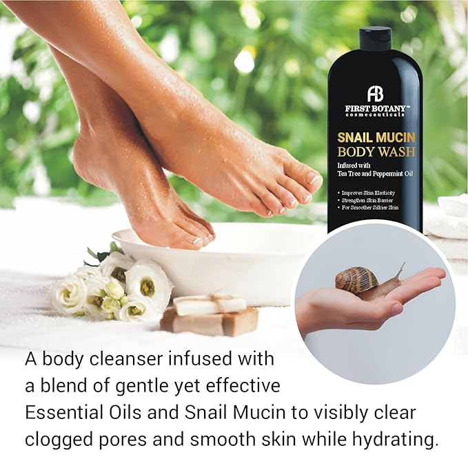 ALL Natural Body Wash - Fights Body Odor, Athlete’s Foot, Jock Itch, Nail Issues, Dandruff, Acne, Eczema, Shower Gel for Women & Men, Skin Cleanser -16 fl oz (Tea Tree Snail Mucin)