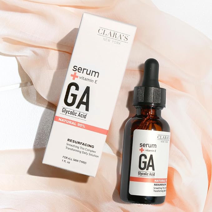 CLARA'S NEW YORK Glycolic Acid Facial Serum with Vitamin E for Exfoliating Smoothing Glowing Face Skin - Made in USA 30ml (1Fl/Oz) (Glycolic Acid)