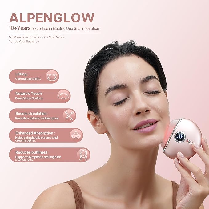 AlpenGlow Electric Gua Sha Device, Rose Quartz Gua Sha Facial Tools with Heat and Vibration, Gua Sha Face Massager for Lymphatic Drainage, Lift, Puffiness, Rejuvenation Natural Glow (Rose Gold)