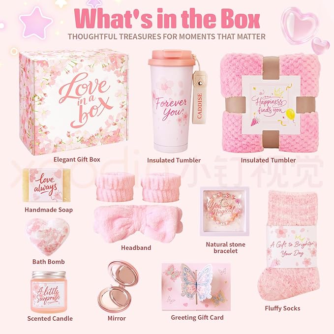 Birthday Gifts for Women, Gift Basket for Mom Wife Sister Her Friends, Luxury Self Care Spa Set with Blanket, Thank You Get Well Soon Holiday Gifts Box for Mother Valentine Day (Red)