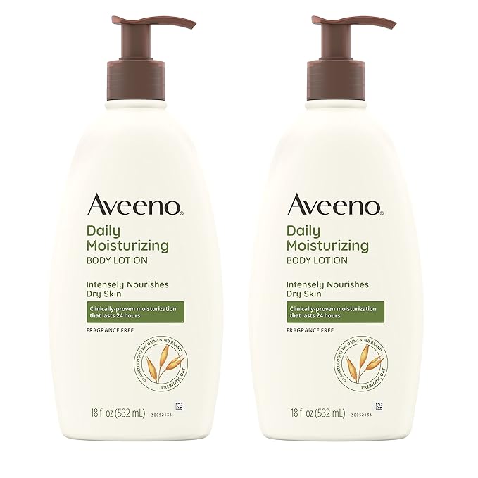Aveeno Daily Moisturizing Body Lotion for Dry Skin with Prebiotic Oat, Fragrance & Paraben Free, Non-Greasy, Non-Comedogenic, for Sensitive Skin & 72-Hour Moisturizer 18 Fl Oz (Pack of 2)
