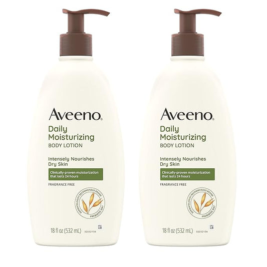 Aveeno Daily Moisturizing Body Lotion for Dry Skin with Prebiotic Oat, Fragrance & Paraben Free, Non-Greasy, Non-Comedogenic, for Sensitive Skin & 72-Hour Moisturizer 18 Fl Oz (Pack of 2)