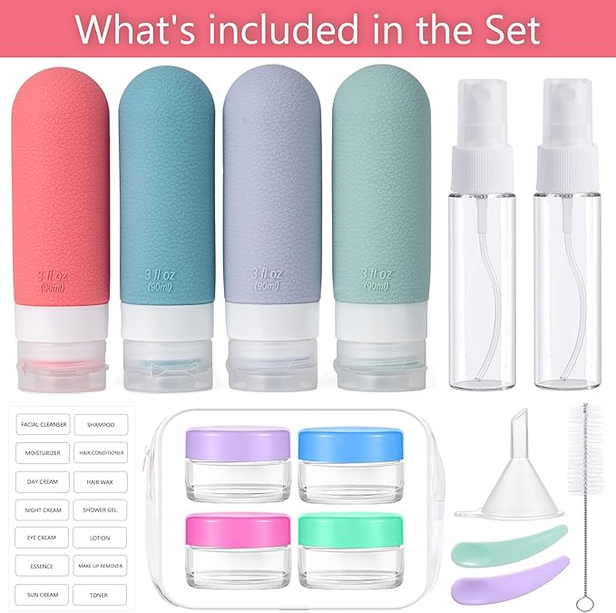 16pack Travel Bottles for Toiletries, TSA Approved LeakProof Squeezable Silicone Toiletry Containers for Shampoo, Conditioner, 3oz Portable Refillable Travel Size Liquid Containers (16Pcs/Warm Color）