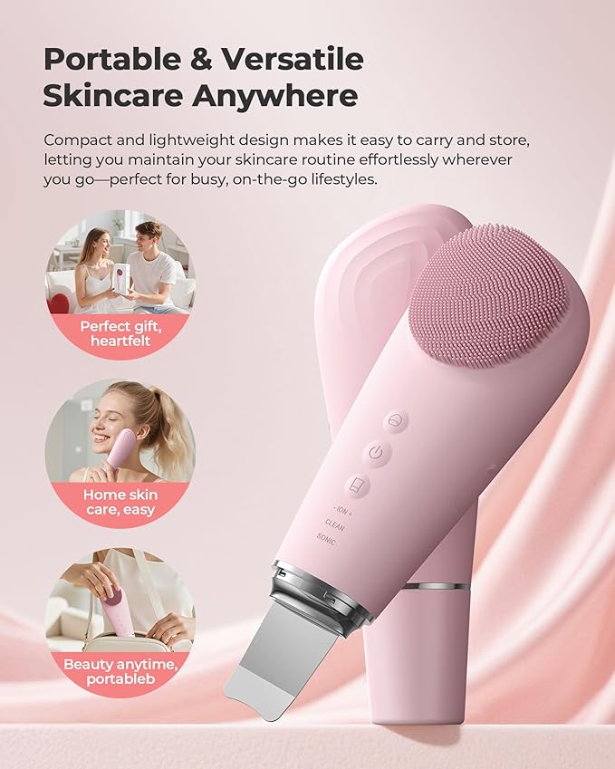 2 in 1 Facial Cleansing Brush & Massager, Facial Skin Scrubber Waterproof and Rechargeable Face Scrub for Deep Cleansing Vibrating Exfoliator Scrubber Skin Care with 7 Modes, Gentle Exfoliating - Pink