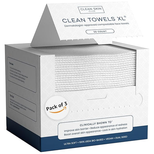 Clean Skin Club Clean Towels XL™️, 100% USDA Biobased Face Towel, Disposable Face Towelette, Eczema Association Accepted, Makeup Remover Dry Wipes, Ultra Soft, 150 Ct, 3 Pack