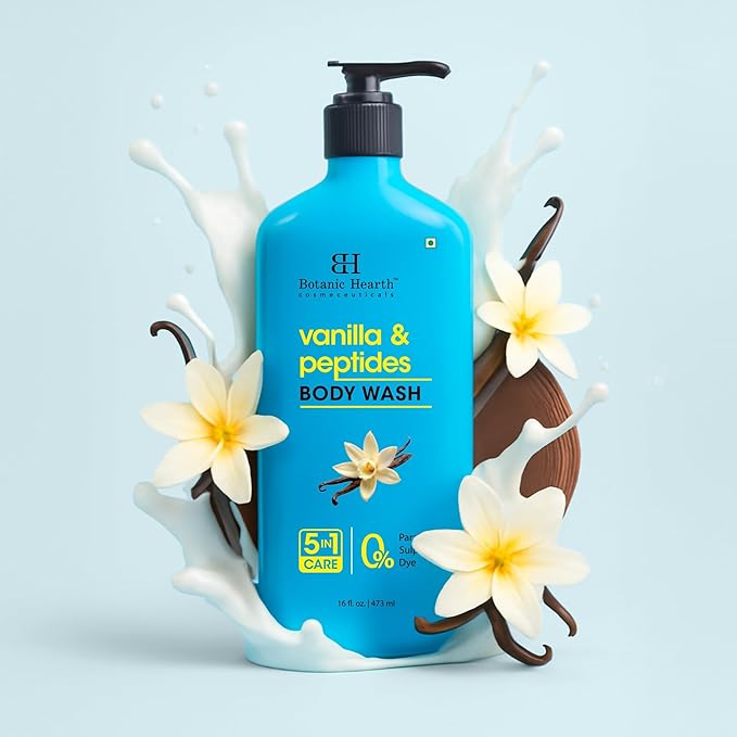 Botanic Hearth Vanilla & Peptides Body Wash – Hydrating Shower Gel with 5 in 1 Care, Sulphate & Paraben Free, Gentle Daily Cleanser for All Skin Types, 16 fl oz