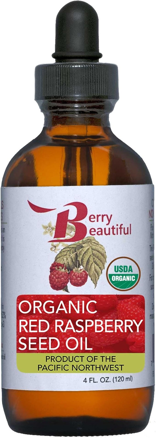 Certified Organic Red Raspberry Seed Oil - Cold Pressed by Berry Beautiful from Organically grown Raspberries - 100% Pure & Unrefined (4 fl oz)