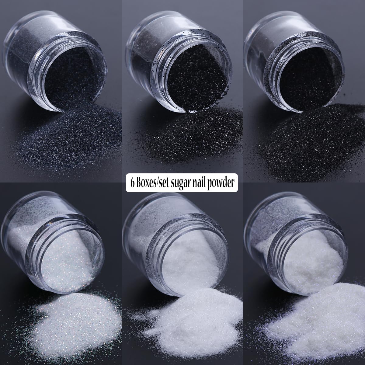 Black White Nail Glitter Powder, 6 Jars Extra Fine Sugar Glitter for Nails, French Tips Dipping Powder, Sugar Sand Coating Effect Sweater Knit Nail Design, Winter Nail Decoration Supplies