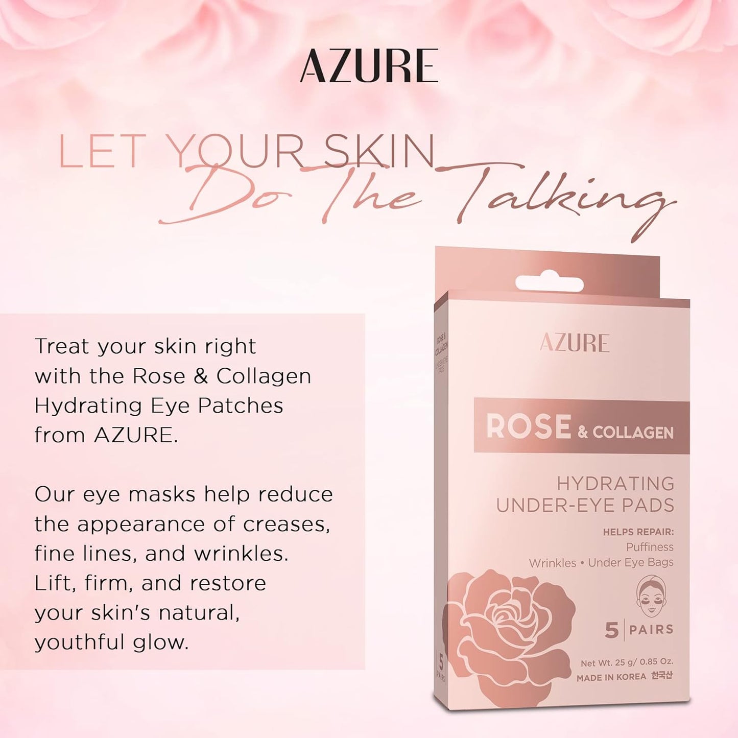 AZURE Rose & Collagen Hydrating Under Eye Pads - Anti Aging, Revitalizing & Moisturizing Eye Mask Patches - Reduces Fine Lines, Wrinkles, Dark Circles & Puffiness - Skin Care Made in Korea - 5 Pairs