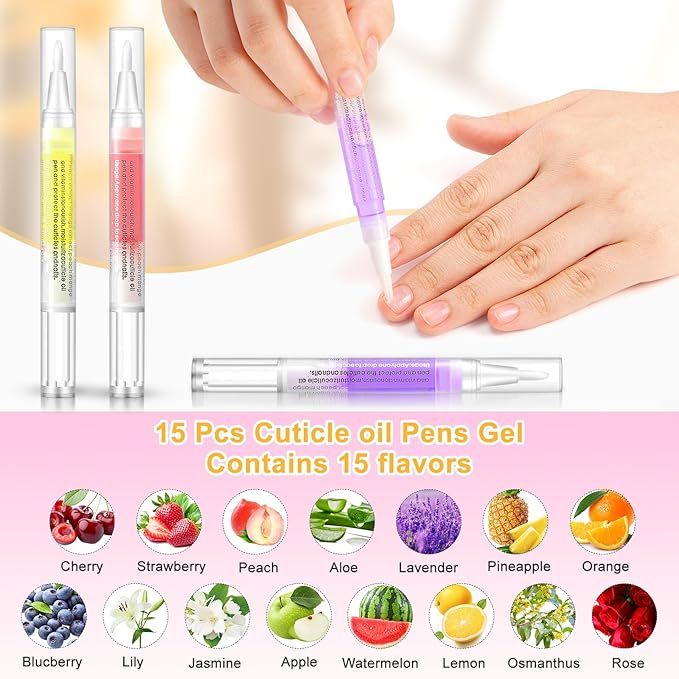 15 Pcs Cuticle Oil Pens, Nail Oil Treatment with Soft Brush, Nail Cuticle Revitalizer Repair Pen