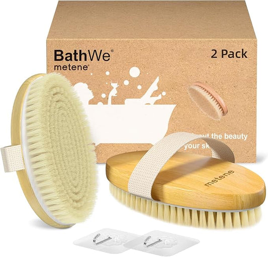Metene 2 Pack Dry Body Brushes, Exfoliating Body Scrubbers, Natural Bristles for Dry Skin, Improve Circulation, Stop Ingrown Hairs, Reduce Acne and Cellulite (G7130)