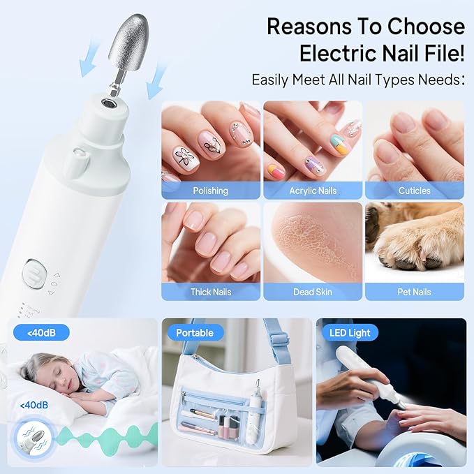 Cordless Nail Drill Electric Nail File: Professional Manicure Pedicure Kit for Acrylic Gel Nails Grind Trim Polish, 5-Speed Brushless Electric Foot Callus Remover ,Nail Tool for Women & Men