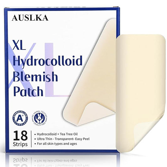 AUSLKA Large Blemish Patches, XL Pimple Patch -18 Strips - Hydrocolloid Patch for Covering Zits - Spot Stickers - Vegan and Cruelty for Face and Skin