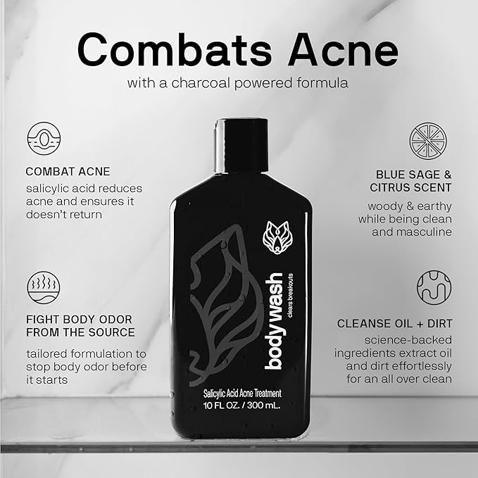 Black Wolf Salicylic Acid Body Wash for Men - 10 Fl Oz Men's Acne Body Wash - Charcoal Helps Reduce Acne Breakouts & Cleanse Your Skin - Full Coverage & Deep Clean Treatment - Men's Bodywash