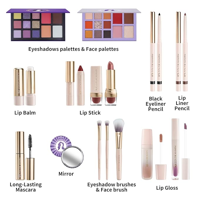 Color Nymph Makeup Gift Set For Teens, Full Kit With Make Up Kits Beginner Makeup Sets with Paper Exquisite Purple Cosmetics Box 2 Eyeshadow Palettes, Mascara, Lipstick, Lipgloss Makeup Set Brushes